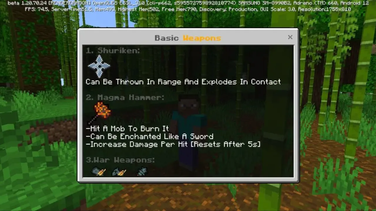 Info from Beyond 3D Weapons Mod for Minecraft PE