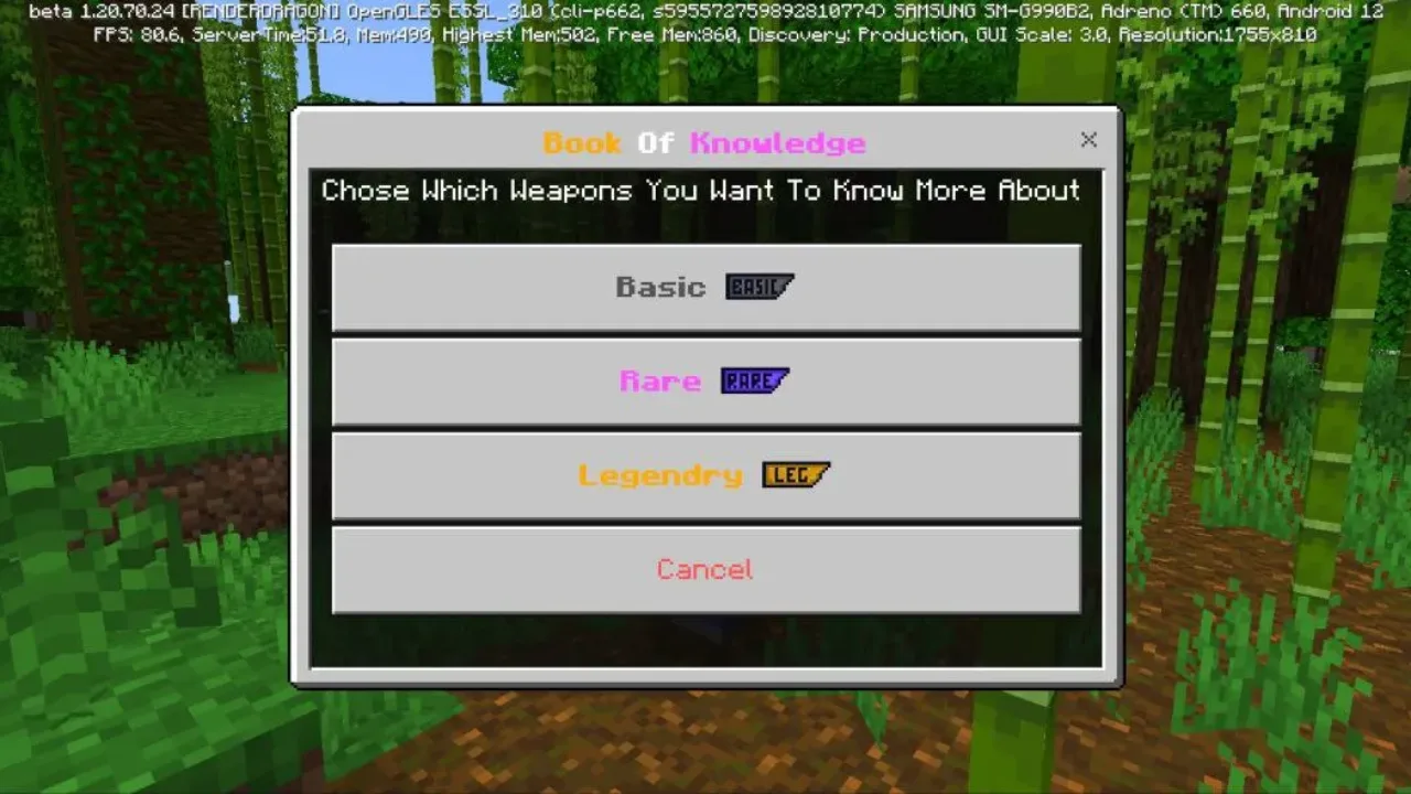 Menu from Beyond 3D Weapons Mod for Minecraft PE