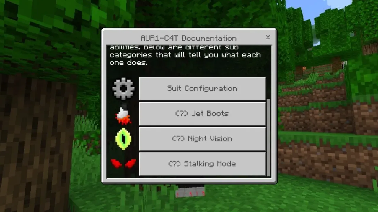 Menu from Cyber Armor Mod for Minecraft PE