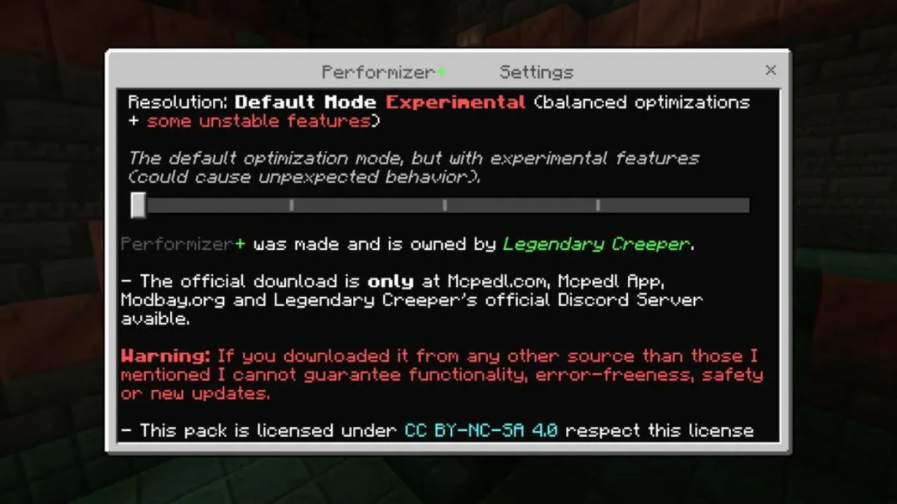 Settings from Perfomizer Texture Pack for Minecraft PE