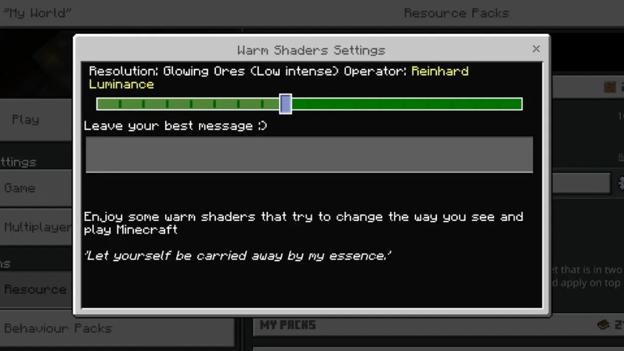 Settings from Warm Shader for Minecraft PE